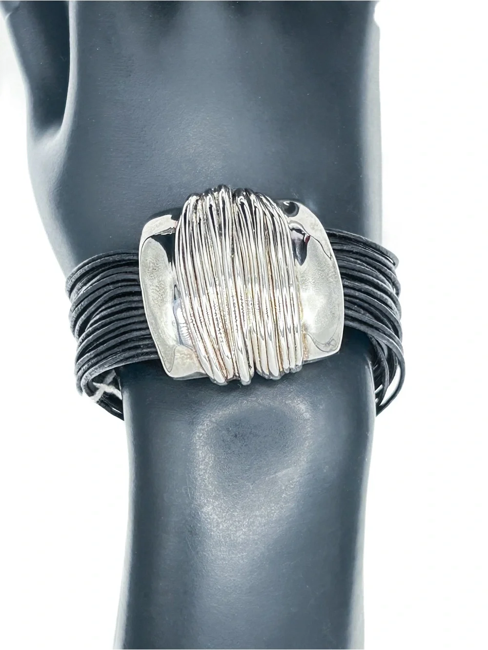 Paz Creations Black Multi-Strand Leather Bracelet with 925 Sterling Wrap Accent